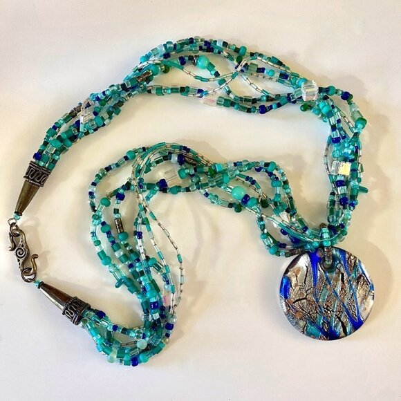 Caribbean Waters 925 Silver Murano Handmade Necklace One of a Kind - Picture 2 of 7